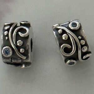 2 Pandora Moments Blue CZ Tendrils Clip Charms Retired Vintage